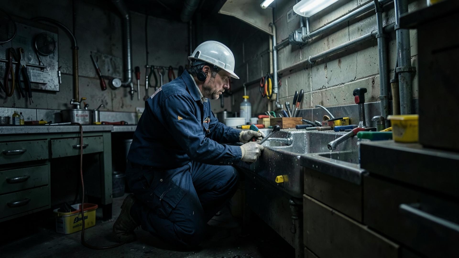 Plumbing technician working on a sink in a workshop